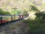 A view of the engines at the head of the train. The trip up is so steeep and twisty that this small train with less than a dozen cars requires multiple engines.
